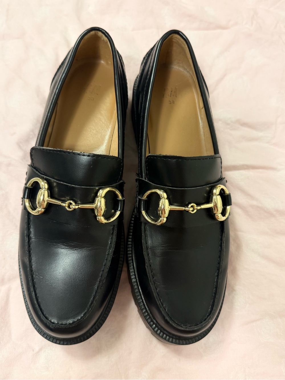 H&M Black Leather Women's Loafers with Gold Bit Detail